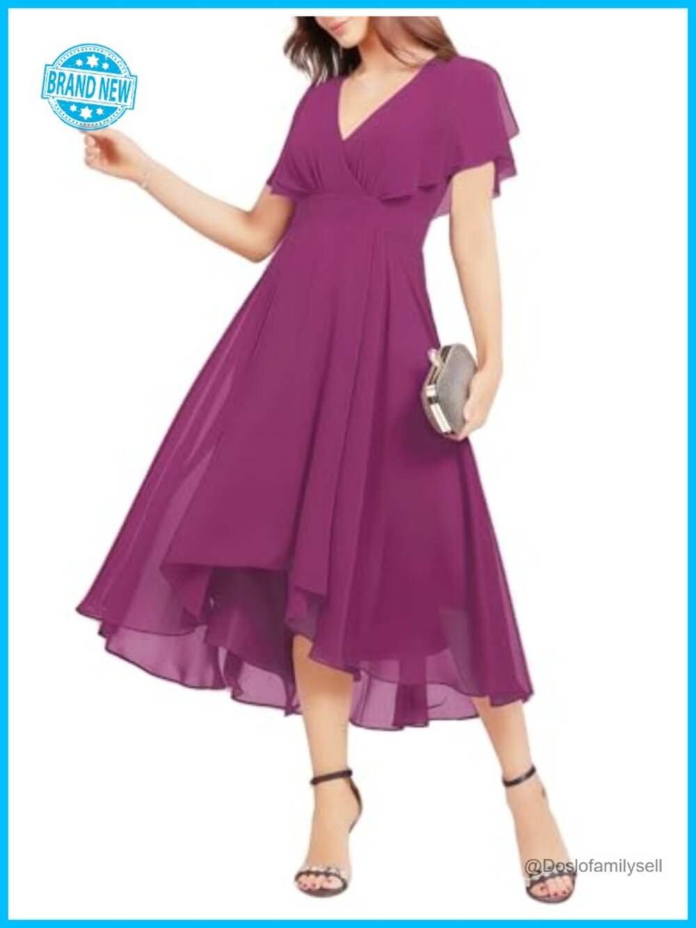 Chiffon Wrap V Neck Flutter Sleeve Midi Cocktail Wedding Guest Dress